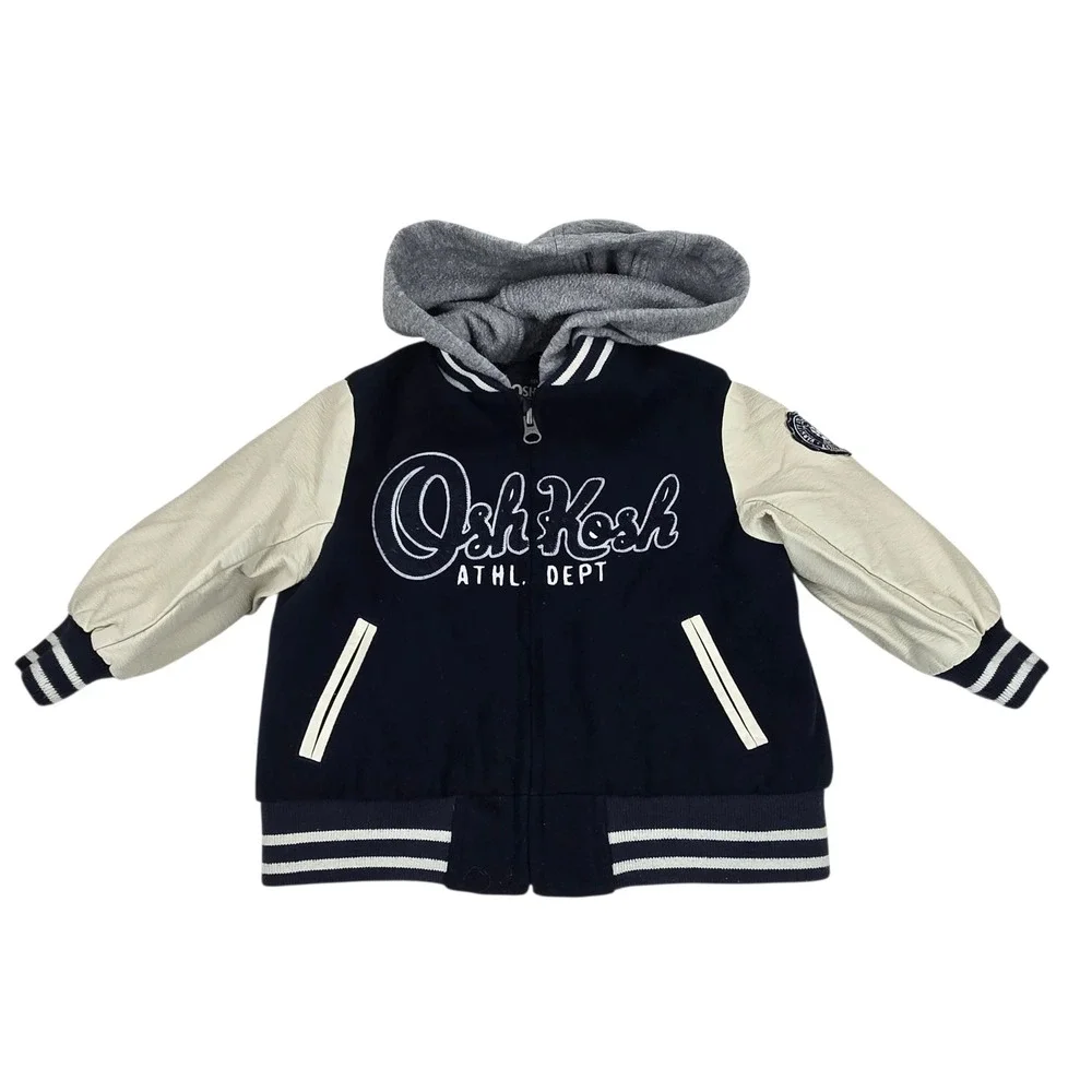 OshKosh Bgosh Boys 2T Varsity Jacket Navy Blue Faux Leather Sleeve Hooded Zip Up